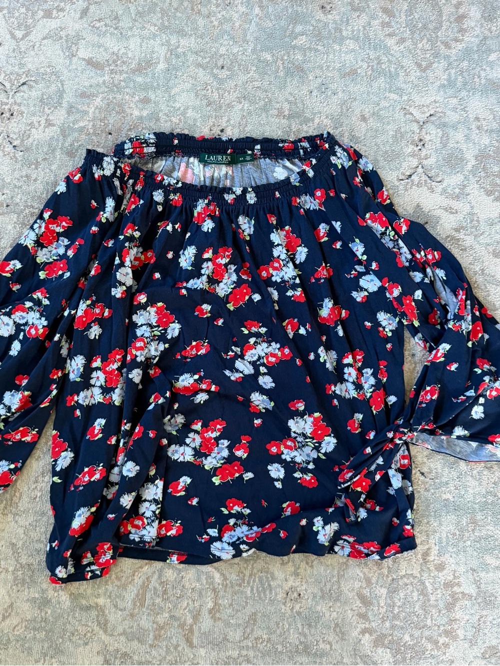 Lauren Ralph Lauren Navy Floral Off-Shoulder Blouse with Red and White Flowers